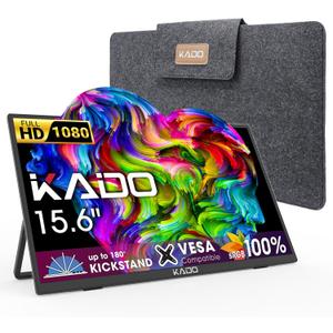 Kado 15.6" FHD Portable Monitor for Laptop, 100% sRGB Second Display IPS 1920x1080 HDMI USB-C Laptop Screen Extender, Carrying Sleeve 180 Kickstand for PC, Mac, Dex, Tablet, Xbox, PS4/PS5, Switch