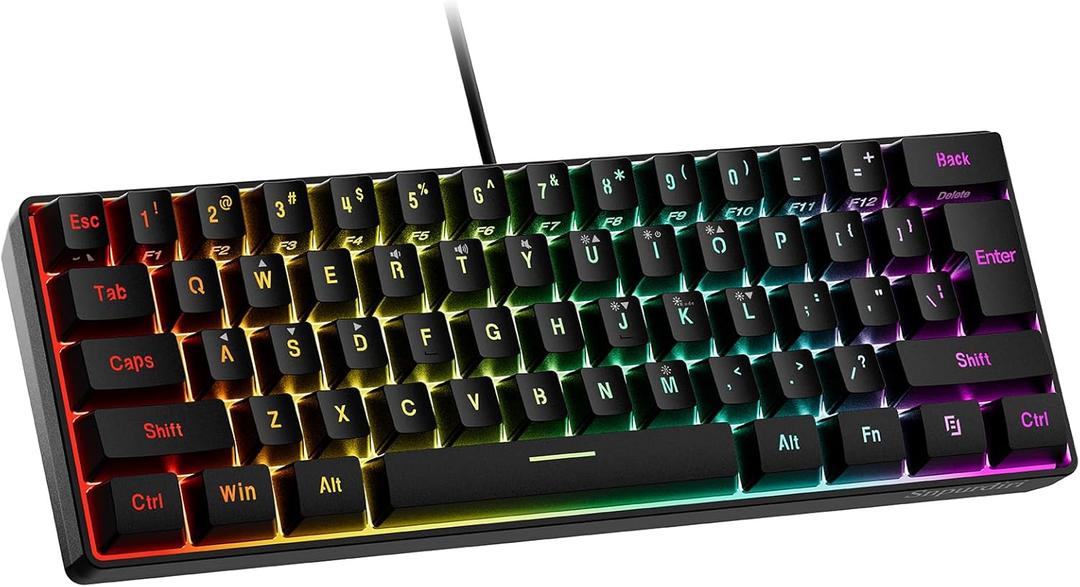 Snpurdiri 60% Wired Gaming Keyboard, RGB Backlit Ultra-Compact Mini Keyboard, Waterproof Small Compact 61 Keys for PC/Mac Gamer, Typist, Travel, Easy to Carry on Business Trip (Black)