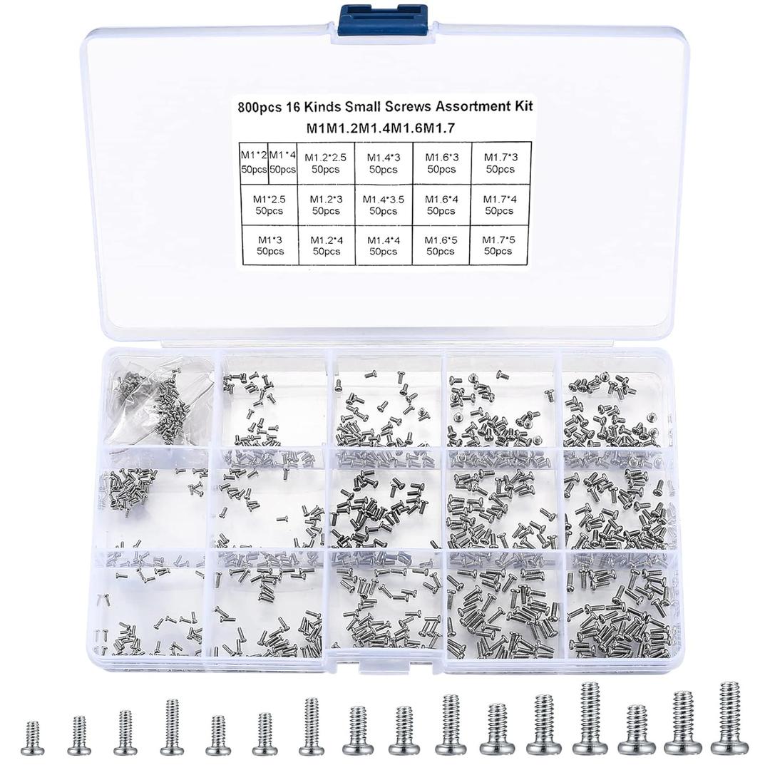 800Pcs Tiny Screws for Electronics, Micro Small Pan Head Machine Screws Assortment Kit for Eyeglasses, Watches, Clocks, Mobile Phone, M1/M1.2/M1.4/M1.6/M1.7 