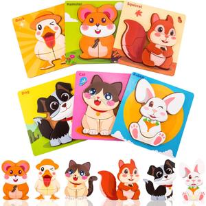 Wooden Puzzles for Toddlers 2-4, 6 Pack Pet Animal Jigsaw Puzzles Montessori Toys for 1 2 3 Year Old Girls Boys Preschool Learning Toy Birthday Gift