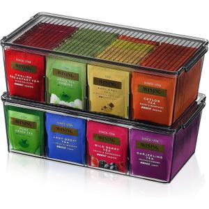 Lifewit Plastic Black Tea Bag Organizer, Divided Storage Bin Box with 8 Compartments, Holds Coffee Pods, Sugar Packets, Condiments, Snacks for Countertop, Cabinet, 2 Pack