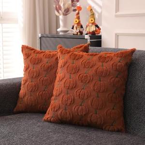 LFall Pillow Covers 18x18 inch Set of 2 for Fall Decorations Autumn Rust Embroidered Pumpkin Soft Plush Faux Fur Wool Throw Pillow Cushion Covers for Sofa Living Room Couch Bed Home Decor (Pack of 2)