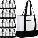 Reginary 16 Pcs Canvas Tote Bags Bulk with Outer Pocket 18 Inch Reusable Shopping Grocery Blank Tote Bag for Women Mother DIY (Black White)