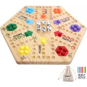 Original Marble Game Wahoo Board Game Double Sided Painted Wooden Fast Track Board Game for 6 and 4 Players 6 Colors 24 Marbles 6 Dice for Family Friends (Small Log)