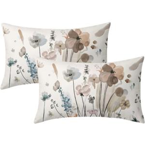 Watercolor Floral Pillow Covers 12X20 In Brown Cream Grey Teal Flower Lumbar Pillow Cases Rustic Abstract Modern Recgantle Throw Pillows Set of 2 Spring Summer Home Decor For Room Bedroom Cushion