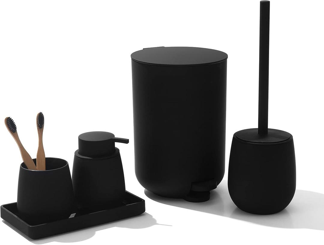Black Bathroom Accessories Set with Small Trash Can 3 Liter/0.8 Gallon,Toothbrush Holder,Soap Dispenser,Vanity Tray,Toilet Brush and Holder Black 5pcs