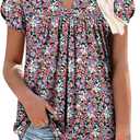 onlypuff Summer Tops for Womens Short Sleeve Blouses Loose Fit Pleated T Shirts PinkYellow Flower M