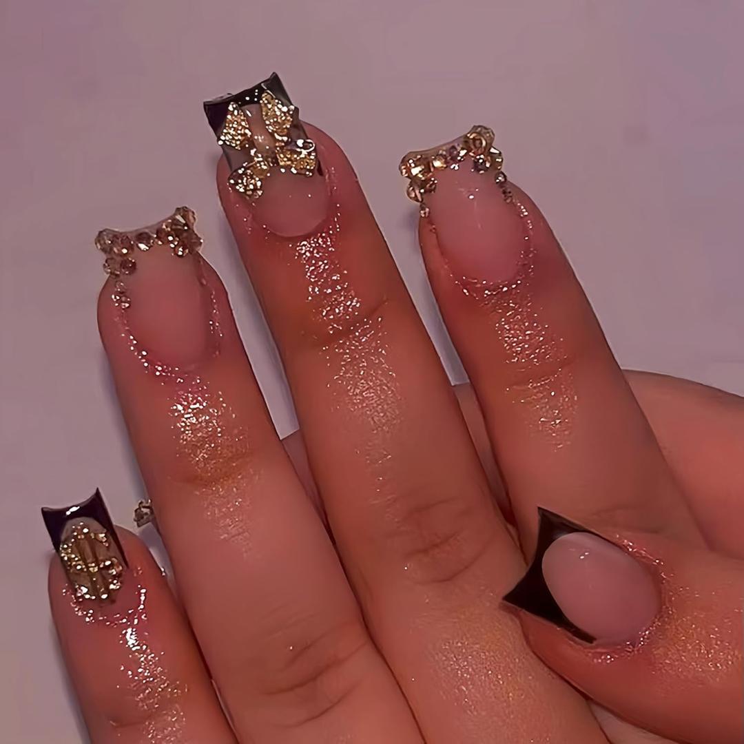 24pcs Black French Tip Press on Nails Short Square Gold 3D Bow Fake Nails with Gold Dollar Rhinestones Nail Tips Design Bow False Nails Acrylic Nails French Acrylic Nails Glue on Nails for Women