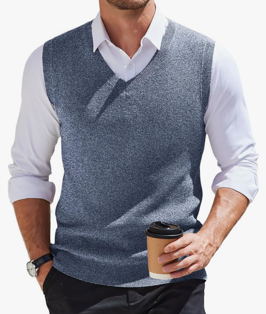 COOFANDY Men's Sweater Vest V Neck Sleeveless Sweater Slim Fit Casual Knitted Vest Sweaters blue Large