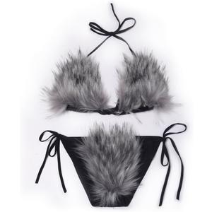 ZOSCGJMY Women's Faux Fur Halter String Triangle Bikini Sets Two Piece Swimsuits (Light Grey) One Size