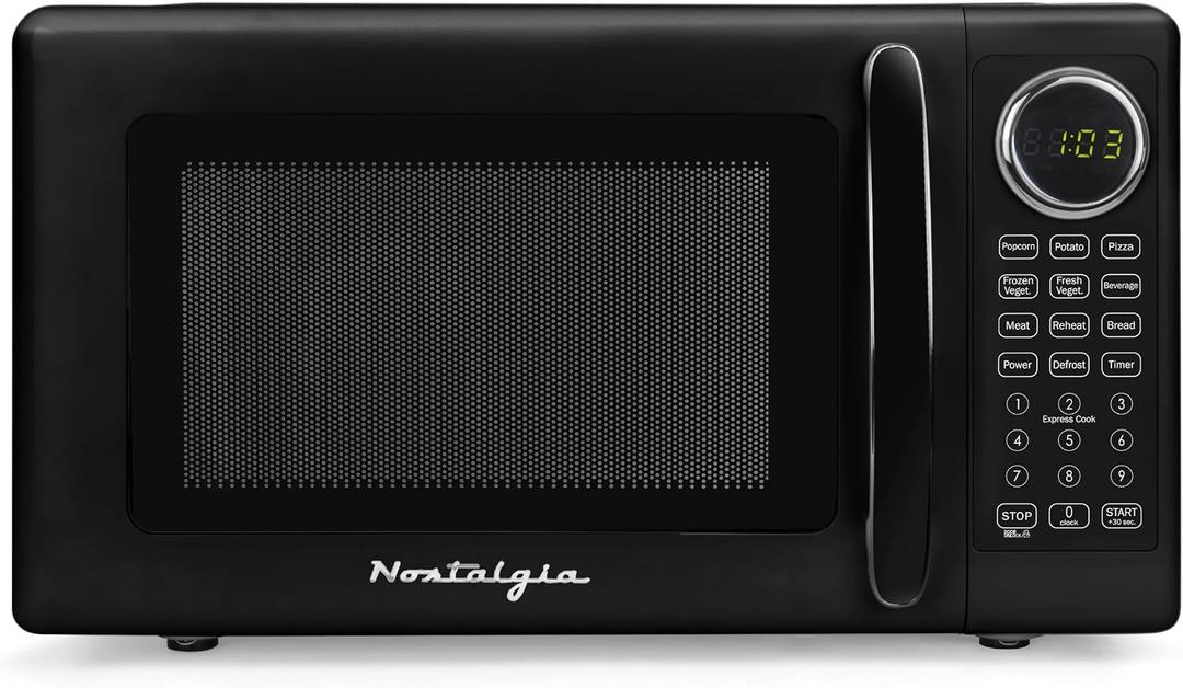 Nostalgia Retro 700W Microwave Oven – 0.7 Cu Ft Capacity – Child Safety Lock, 8 Auto-Cook Settings, Square Window – Countertop Kitchen Appliance – Black