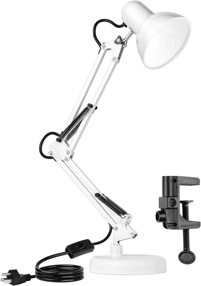 AmeriTop Metal Desk Lamp, Adjustable Swing Arm Table Lamp with Interchangeable Base Or Clamp; Eye-Caring Desk/Clip Reading Lamps for Bedroom, Study, Office (White)