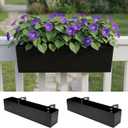 LaLaGreen Railing Planter Box (16 Inch, 2 Pack) Black Metal Rectangular Hanging Flower Boxes with Brackets, Planters for Outdoor Deck Railings Fence Over Rail Balcony Patio Porch Modern Garden Decor