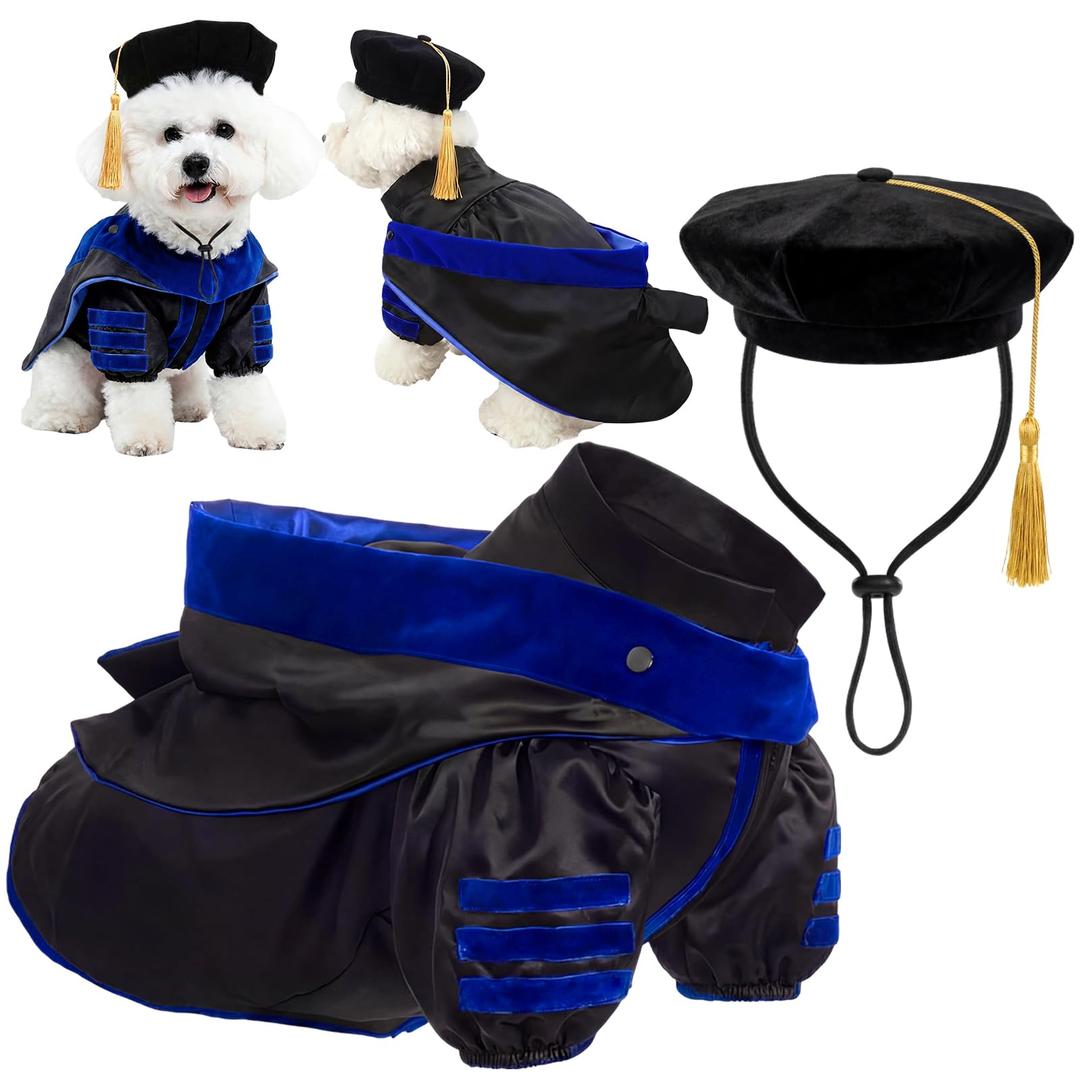 Huhumy 3 Pcs Dog Cat Graduation Doctoral Costume Set, 2026 Pet Phd Graduation Cap and Deluxe Doctoral Gown with Hood Side Tam Puppy Kitty Dogs Grad Holiday Party Costume Accessory(Royal Blue,M)