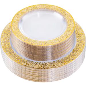 I00000 96pcs Gold Plastic Plates, Clear and Disposable Plates, Clear Plastic Plate with Gold Rim Include 48 Heavy Duty Dinner Plate 10.25 Inch and 48 Dessert Plate 7.5 Inch Perfect for Party