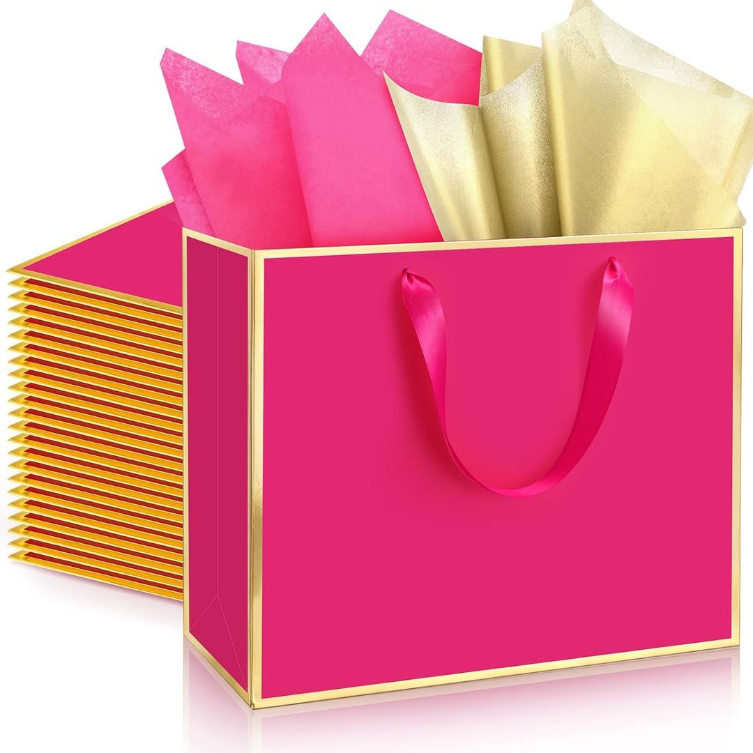 ReliThick 12 Pack Metallic Paper Gift Bag with Handles and Tissue Paper 11.8 x 10 x 4'' Thank You Favor Bag for Graduation Mother's Day Wedding Bridesmaid Groomsman 5 Senses Gifts (Hot Pink,Gold), 1 count