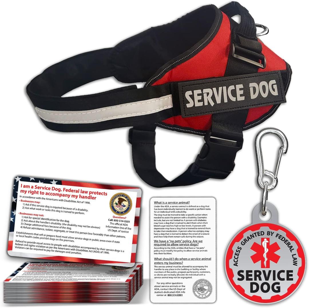 Service Dog Vest + ID Tag + 50 ADA Information Cards - Service Dog Harness in Sizes X Small to XX Large, Metal Dog Tag has Durable Clip, Service Animal Information Cards are 2-Sided. ESA Accessory Set (X-LARGE (Chest: 29 - 37 Inch))