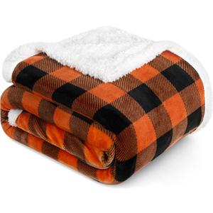 PAVILIA Black Orange Buffalo Plaid Sherpa Throw Blanket for Couch Twin, Soft Fuzzy Flannel Blanket for Bed, Plush Halloween Checkered Fleece Blanket and Throws, Warm Thick Winter Blanket Gift, 60x80