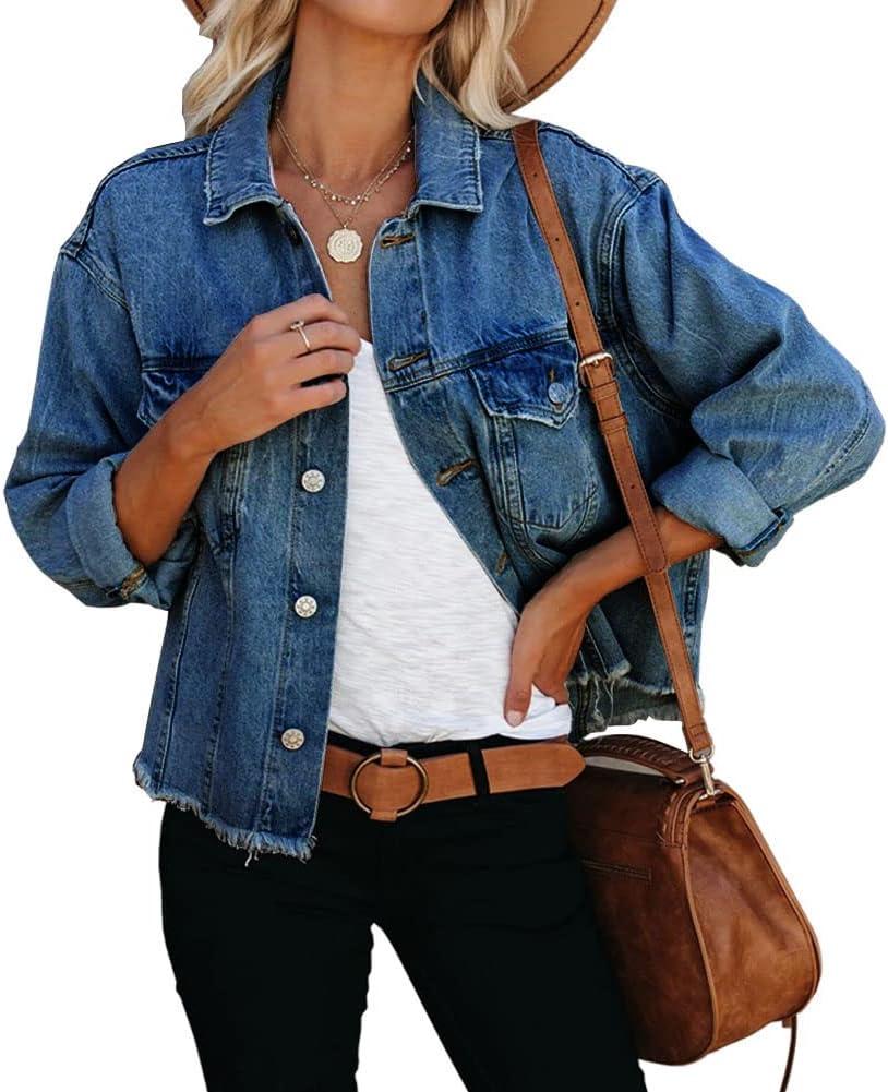 Women's Jean Denim Jacket Classic Trucker Shacket Button Up Frayed Cropped Loose Coats, Small