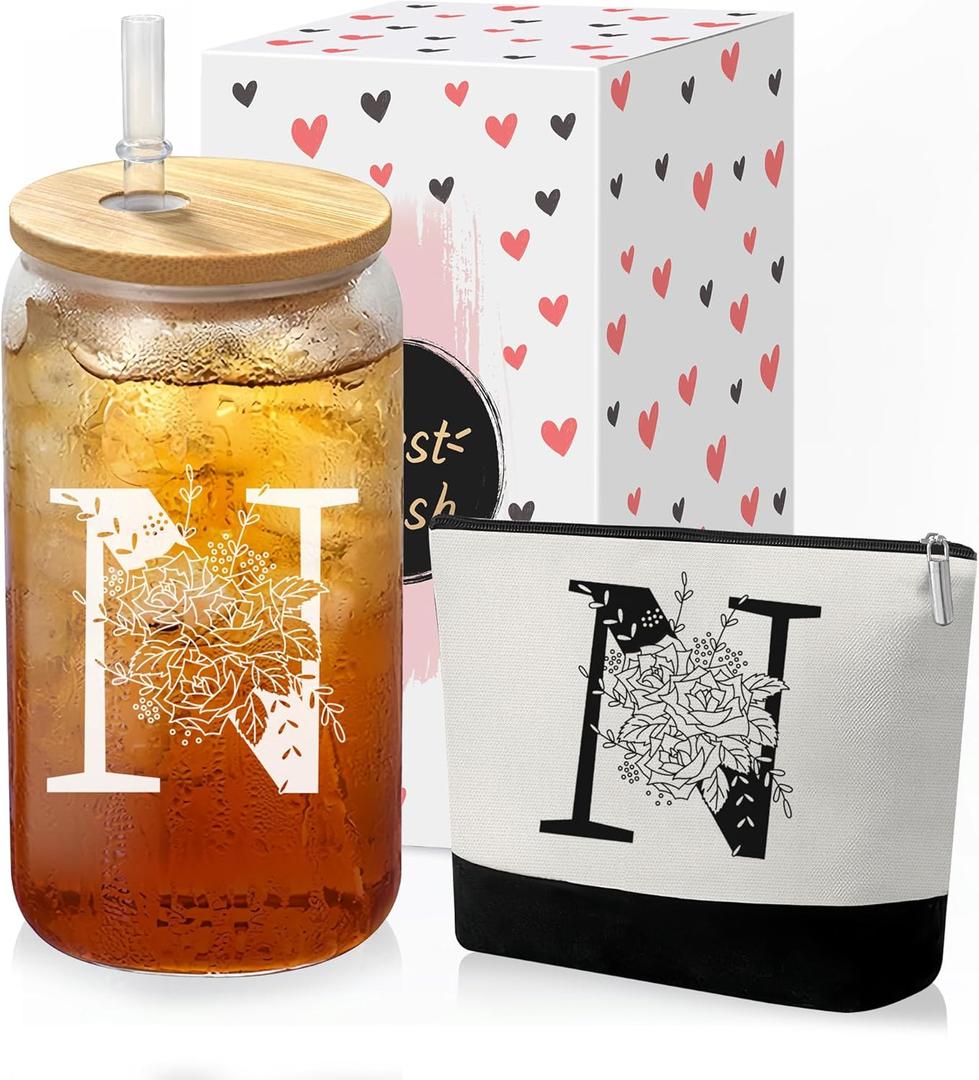2 x Custom Glass Cup & Makeup Bag Set - Personalized Gifts for Women, Initial 16 oz Glass Tumbler with Lid & Straw, Monogram Makeup Bag - Birthday Gifts For Women, Mother's Day Presents(N)