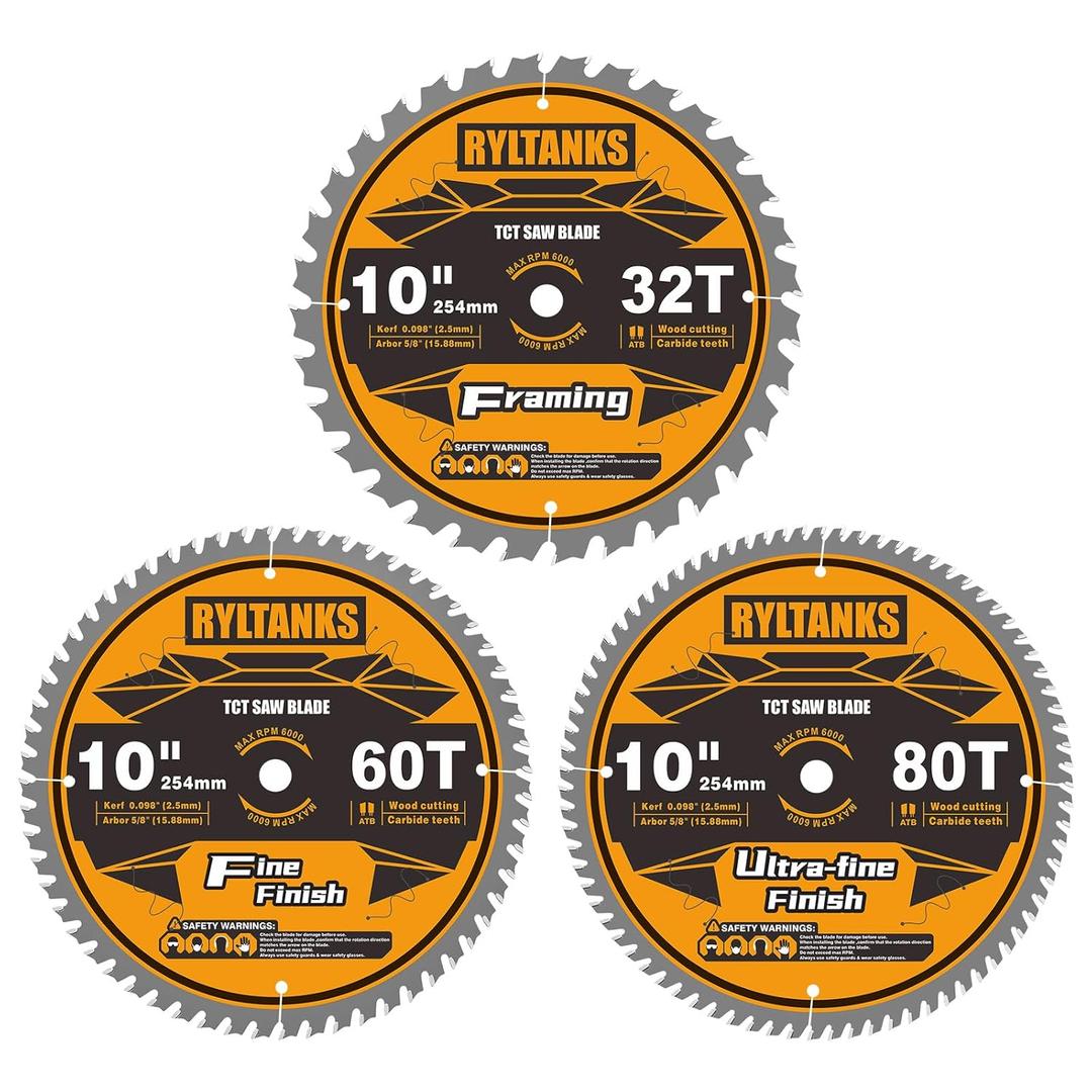 10 Inch Table Saw Blade/Miter Saw Blade, 5/8" Arbor, 32T for Framing&60T for Fine Finish&80T for Ultra Fine Finish Wood Cutting, 3-Pack