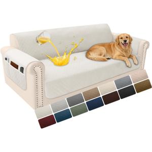 Velvet 100% Waterproof Couch Cover for Dogs Washable Sofa Covers for 3 Cushion Couch Pet Friendly Sofa Slipcovers Set Non Slip Quilted Furniture Protector with Pockets (Large, Cream White)