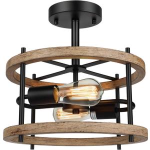 Lakumu 2-Light Retro Semi Flush Mount Ceiling Light Fixture, Rustic Vintage Wood Ceiling Light Black Metal, Industrial Farmhouse Ceiling Lamp for Hallway Entryway Bedroom Balcony Farmhouse Dining Room, 12.8"