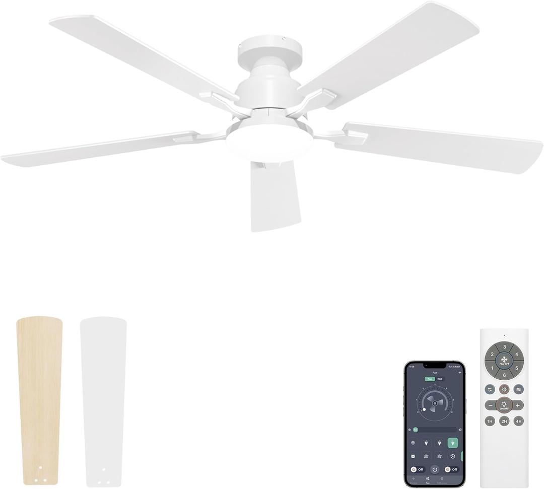 VOLISUN 52 Inch Ceiling Fan with Lights Flush Mount, Low Profile Ceiling Fans with Lights, Remote&APP Control,Dimmable 22W LED Light,Queit&Reversible Fan, White Ceilings Fans for Bedroom, Living Room