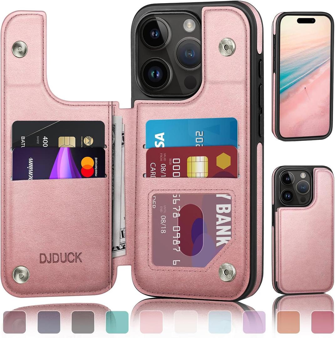 DJDUCK Designed for iPhone 15 Pro Max Case Wallet with Card Holder, [Magnetic Clasp Cover][RFID Blocking Leather Protection] Shockproof Women Men Cases 6.7 Inch for Apple 15 ProMax Rose Gold