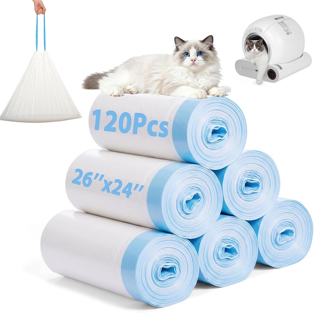 120 Pack Cat Litter Box Liners, 26.4" x 23.6" Automatic Litter Box Bags, 3MIL Extra Thick Leakproof Cat Litter Bags, Compatible with Litter Robot 3 & 4, 10-12 Gallon Heavy Duty Drawstring Waste Bags
