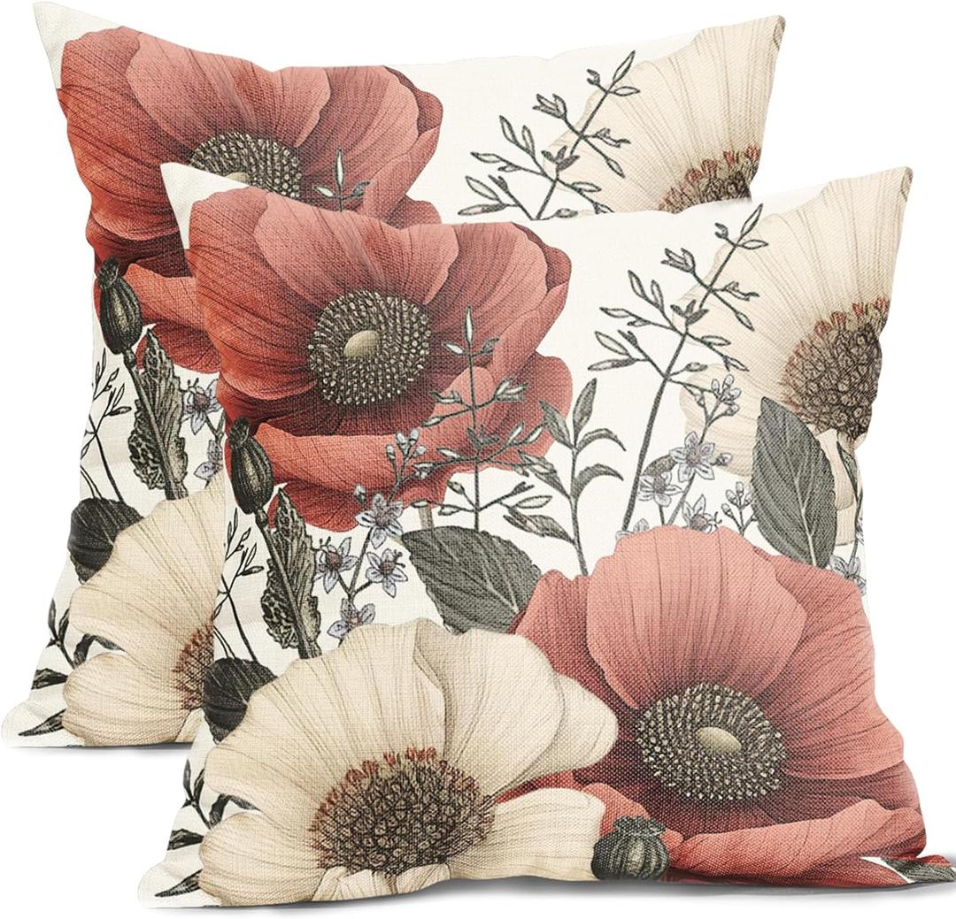 Vintage Flower Pillow Covers 18x18 Inch Rustic Floral Botanical Pattern Throw Pillow Covers Set of 2 Farmhouse Pillowcases Cotton Linen Cushion Covers for Couch Bed Sofa Chair Indoor Outdoor Decor