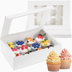 12 Count Cupcake Boxes, 4PCS Cupcake Container with Window, Food Grade Cupcake Holder for Birthday Holiday Party, Bakery Supplies for Cupcakes, Desserts, and More (White)