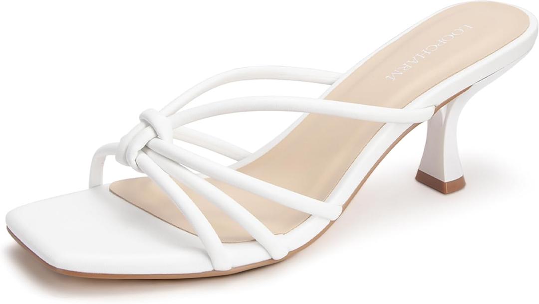 Women's Strappy Square Open Toe Kitten Heels Sandals Knotted Design Summer Fashion Slip On Mule Style (6, White Pu)