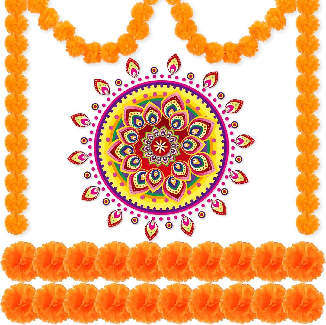 23 Pcs Diwali Decoration Set - Rangoli Stickers, 5 Ft Marigold Garland, 20 Pcs Marigold Flowers for Indian Diwali Gifts & Weddings