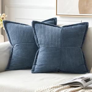 MIULEE Blue Corduroy Pillow Covers 20x20 inch with Splicing Set of 2 Super Soft Boho Striped Pillow Covers Broadside Decorative Spring Textured Throw Pillows for Couch Cushion Bed Livingroom (20" x 20" (Pack of 2))