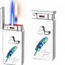 Smart Butane Torch Lighter, 5 Ignition Methods, Voice Controlled Dual Flame Lighter with Jet Blue Flame and Open Flame Options, Windproof Refillable Lighters (Without Gas) (Feather) (Bright Silver)