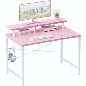 Pamray 32 Inch Small Computer Desk with Monitor Stand, Simple Office Desk with Headphone Hook for Small Spaces, Kids Study Writing Table for Bedroom, Pink