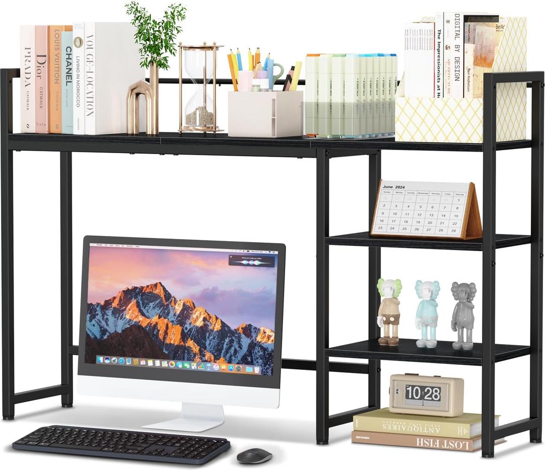 Snughome Desk Shelf, 44.9" Large Desktop Organizer Shelf, Desk Hutch for Monitor, 4 Tier Display Rack, Wooden Desktop Bookshelf Storage Rack for Home Office Dorm (Black)