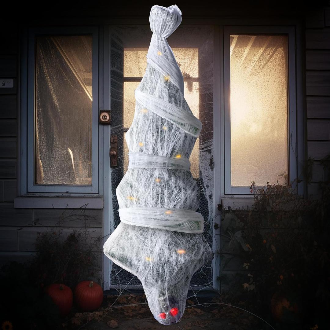 JOYIN 72" Halloween Hanging Cocoon Corpse Animated, Lighted Dead Body Prop for Indoor Decor, Life Size Skeleton Corpse Props for Haunted House, Scary Outdoor Hanging Decorations