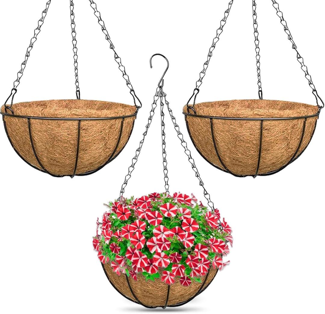 ZeeDix 3 Pack 14 Inch Hanging Baskets for Plants Outdoor Indoor, Metal Hanging Planters Flower Pots with Coco Liners Replacement, Decor Garden Flowers Vegetables Plants