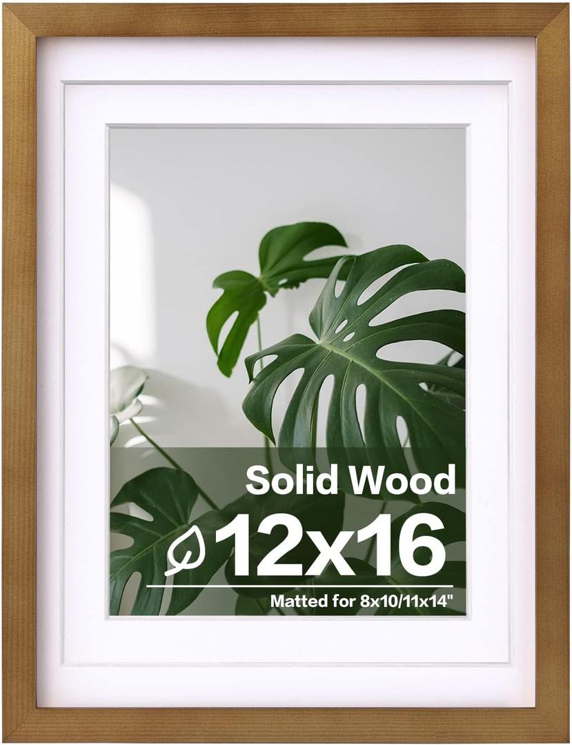 Egofine 12x16 Picture Frame Made of Solid Wood with Plexiglass, Display Pictures 9x12/11x14 with Mat or 12x16 Without Mat, for Wall Mounting Photo Frame, Light Brown