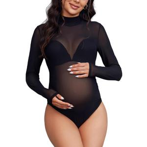 Bhome Mock Neck Maternity Bodysuit for Photoshoot Sheer Mesh Maternity Photography Outfits (Medium, Black)