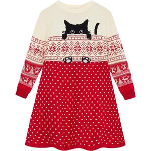 Funnycokid Little Girls Christmas Dress Xmas Knitted Sweater Dress Long Sleeve, 4-5T, A1 Christmas Cat