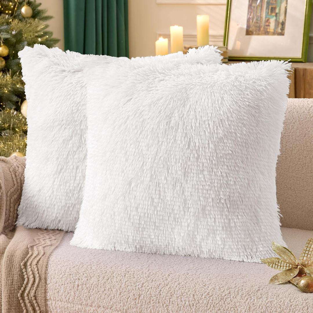 ANRODUO Pack of 2 White Throw Pillow Covers Luxury Fluffy Pillows Faux Fur Decorative Pillows Plush Cushion Case Fuzzy Mongolian Merin Style for Bed Couch Sofa Living Room Christmas Decor 24x24 Inch