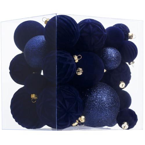 Velvet Christmas Ball Ornaments - Navy Blue Christmas Tree Decorations 36pcs Shatterproof Set with 5 Styles in 3 Sizes (Small, Medium, Large)