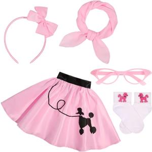 50s Outfit for Girls 50s Sock Hop Poodle Skirt Costume for Girls with Accessories Halloween Party Dress Up (4-6 Y, Pink)