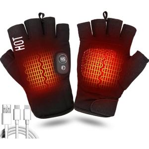Fingerless Heated Gloves for Men & Women, Rechargeable Electric Touchscreen Gloves for Work Hunting Skiing in Cold Winter Weather, Black (Medium)