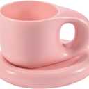 Koythin Ceramic Coffee Chubby Mug Saucer Set, Creative Cute Fat Handle Cup with Saucer for Office and Home, Dishwasher and Microwave Safe, 10 oz for Latte Tea Milk (Pink)