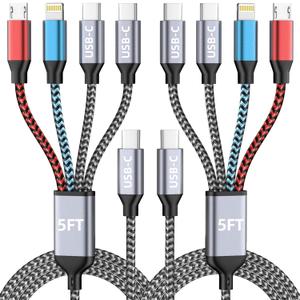 USB C 4 IN 1 Multi Charging Cable, Travel Essentials with Dual Type-C/ Micro/ IP Port, Universal Charging Cable for Multiple Devices Compatible iPhone16-5, Galaxy S25, iPad, Tablet & More (2 Packs, 5FT)