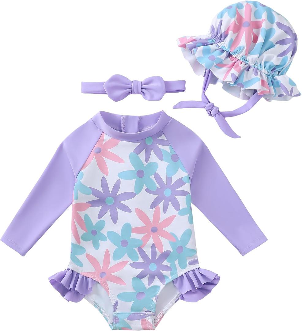 Renotemy Baby Girls Swimsuit Summer Infant Girl Bathing Suit Zipper Long Sleeve One-Piece Rash Guard Swimwear with Hat 3M-3Y